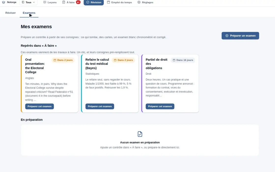 L’examen blanc dans Notorga — Un QCM de droit des obligations, rendu et corrigé sur l’appareil.