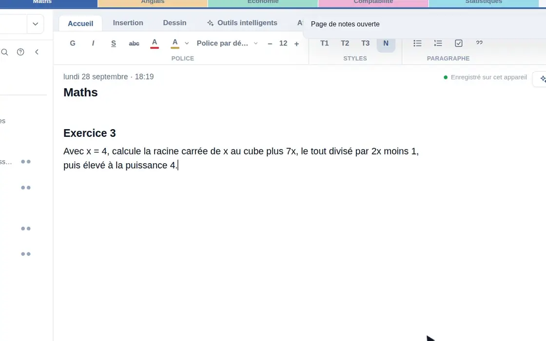 Formule, puis calcul dans Notorga — « La racine carrée de x au cube plus 7x, le tout divisé par 2x moins 1, puis élevé à la puissance 4 », avec x = 4.