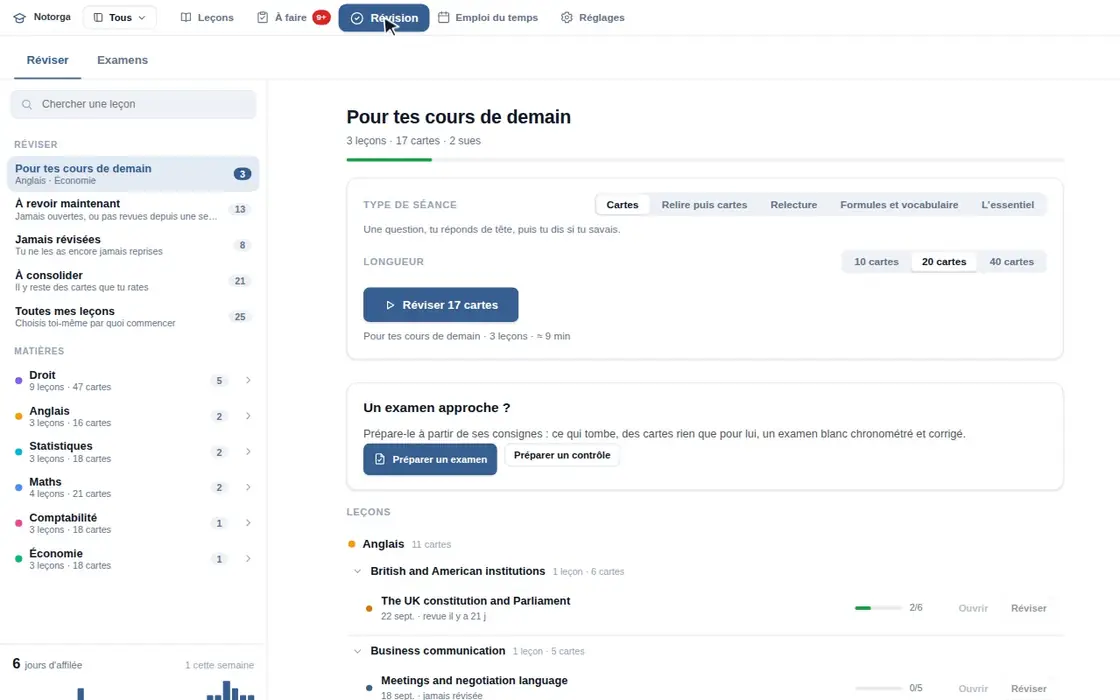 Réviser dans Notorga — Des cartes de droit : la question, la réponse, « je savais ».